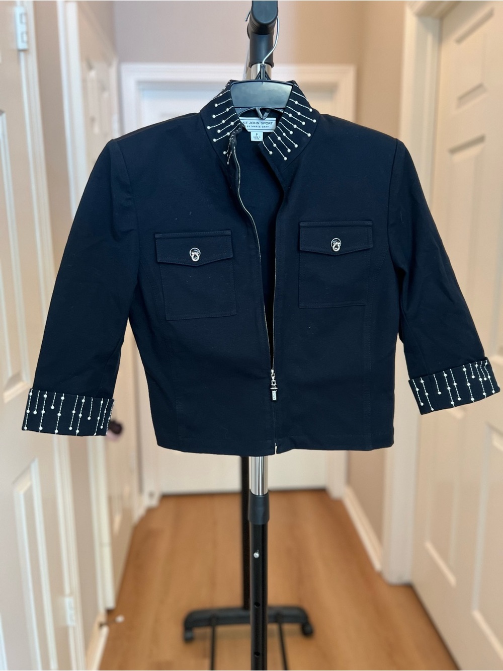 St John Sport Embellished Collar Navy Zip-Up Blazer